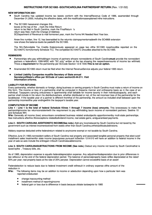 Form Sc1065 - Instructions Sheet For South Carolina Partnership Return Printable pdf