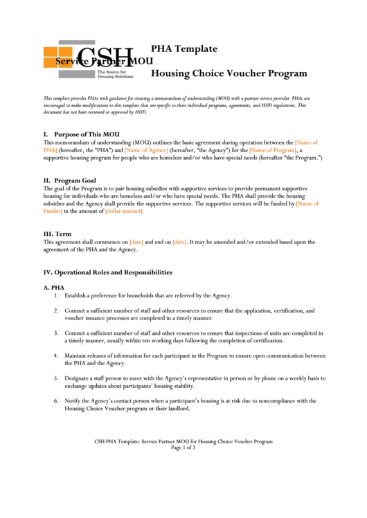 Memorandum Of Understanding Template - Housing Choice Vaucher Program Printable pdf