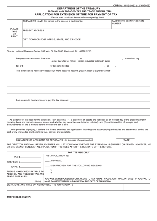 Fillable Application For Extension Of Time For Payment Of Tax Form - Alcohol And Tobacco Tax And Trade Bureau Printable pdf