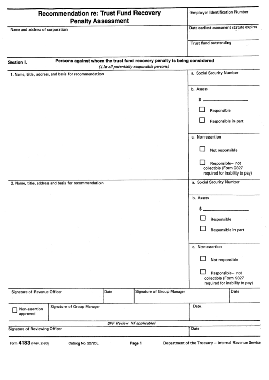 Form 4183 - Recomendation Re: Trust Fund Recovery Penalty Assessment Form Printable pdf