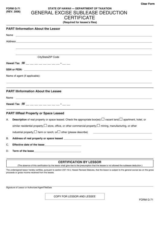 Fillable Form G-71 - 2006 - General Excise Sublease Deduction Certificate Printable pdf