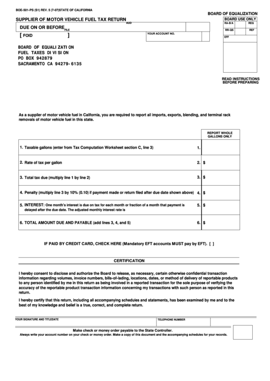 Fillable Form Boe-501-Ps (S1) - Supplier Of Motor Vehicle Fuel Tax Return Printable pdf