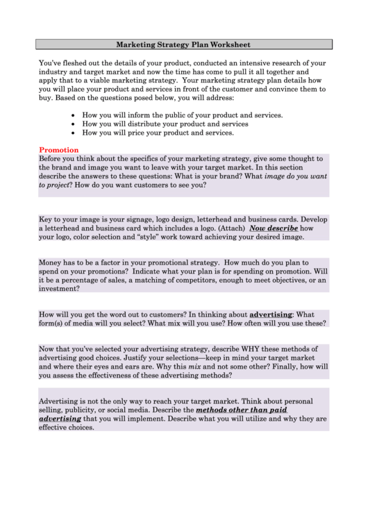 Marketing Strategy Plan Worksheet Template Printable pdf
