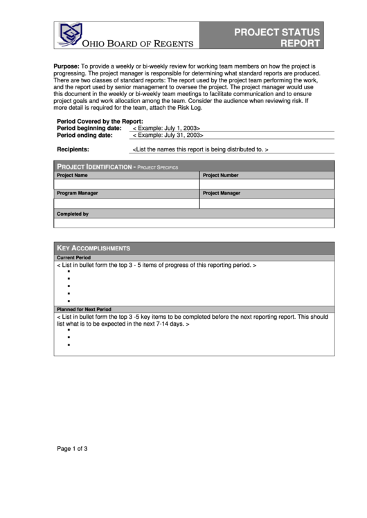 Project Status Report Template Printable pdf