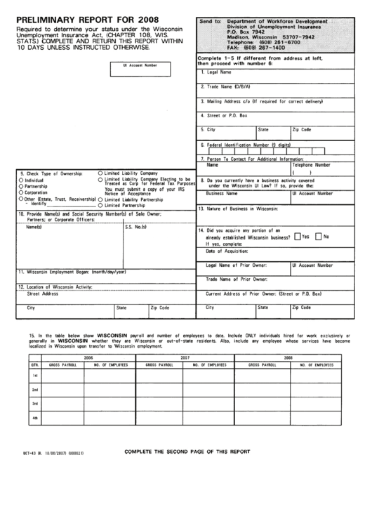 Form Uct-43 Preliminary Report For 2008 Printable pdf