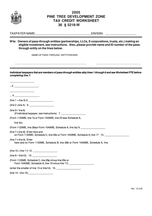 Pine Tree Development Zone Tax Credit Worksheet - 2005 Printable pdf