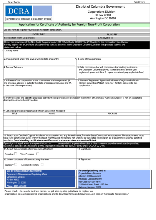 Fillable Application For Certificate Of Authority For Foreign Non-Profit Corporation/form Ra-1 - Registered Agent Written Consent Printable pdf