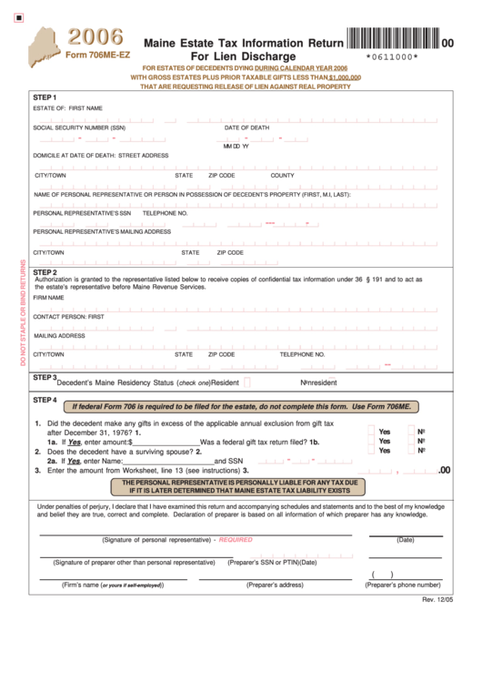 Form 706 Me- Ez -Maine Estate Tax Information Return For Lien Discharge Printable pdf
