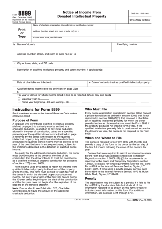Fillable Form 8899 - Notice Of Income From Donated Intellectual Property Form Printable pdf