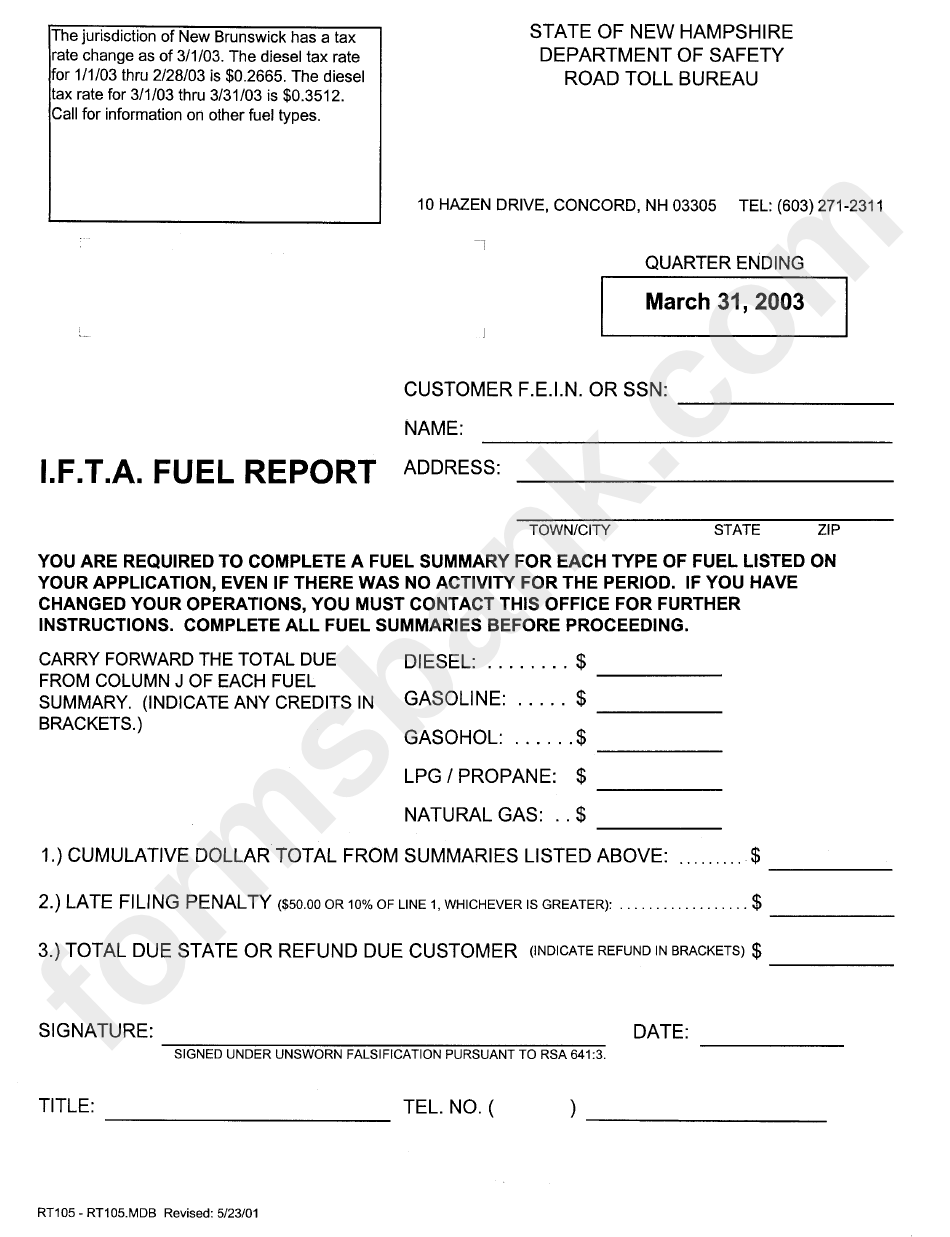 Form Rt105-Rt105.mdb - I.f.t.a. Fuel Report - Departament Of Safety Road Toll Bureau