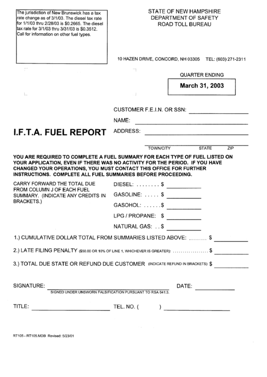 Form Rt105-Rt105.mdb - I.f.t.a. Fuel Report - Departament Of Safety Road Toll Bureau Printable pdf