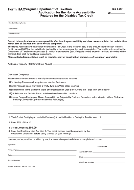 Form Hac - Application For The Home Accessibility Features For The Disabled Tax Credit - Virginia Department Of Taxation Printable pdf