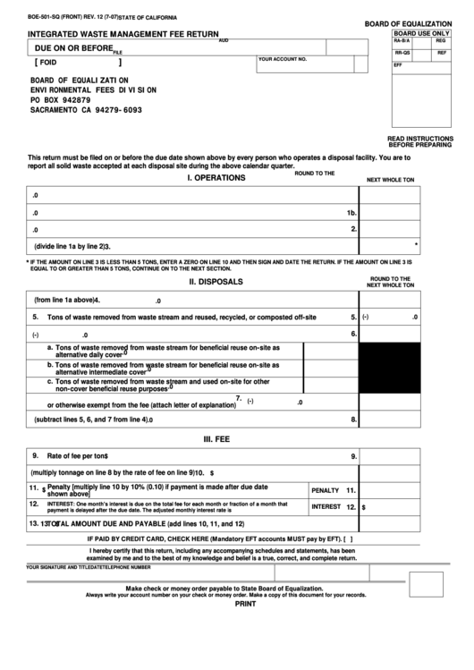 Fillable Form Boe-501-Sq - Integrated Waste Management Fee Return Printable pdf