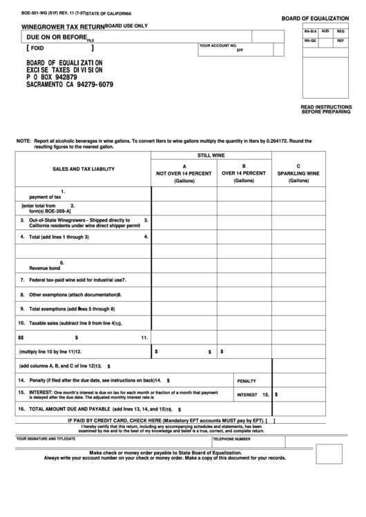 Fillable Form Boe501wg - Winegrower Tax Return Printable pdf