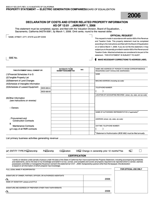 Fillable Form Boe-517-Eg - Declaration Of Costs And Other Related Property Information - Property Statement Electric Generation Companies Printable pdf