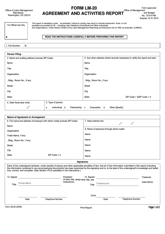 Fillable Form Lm-20 - Agreement And Activities Report Form - U.s. Department Of Labor Printable pdf