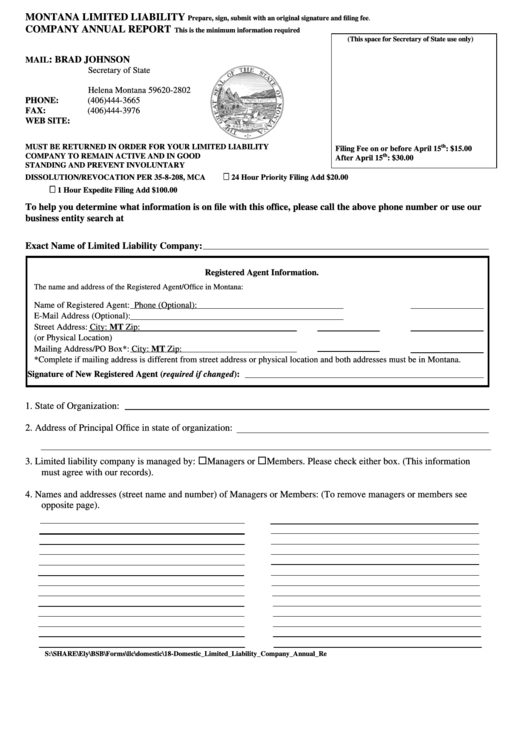 Montana Limited Liability Company Annual Report Form Printable pdf