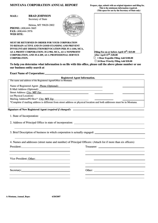 Montana Corporation Annual Report Form Printable pdf