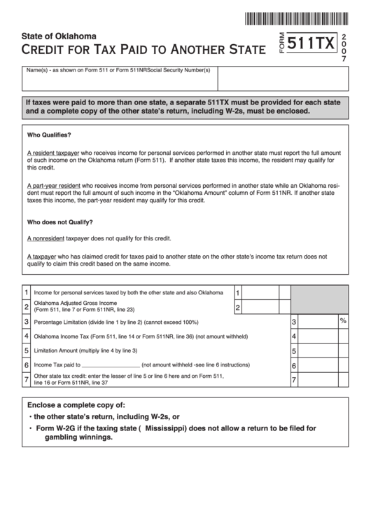 Fillable Form 511tx - Credit For Tax Paid To Another State - 2007 Printable pdf