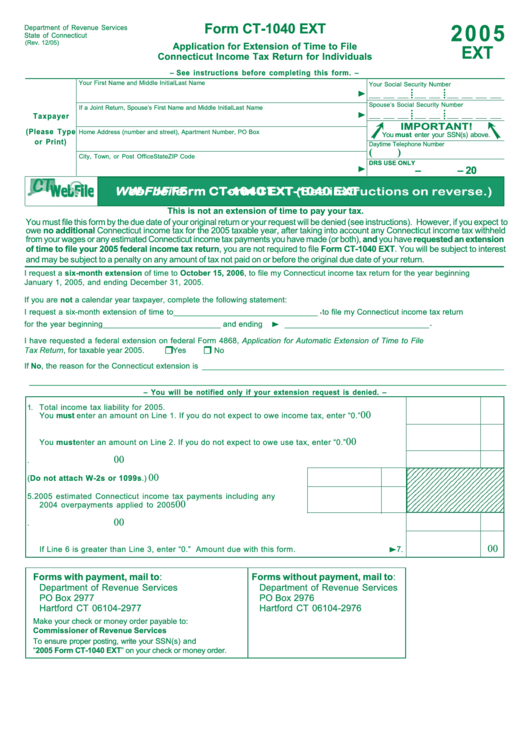 Form Ct-1040 Ext - Application For Extension Of Time To File Connecticut Income Tax Return For Individuals - 2005 Printable pdf