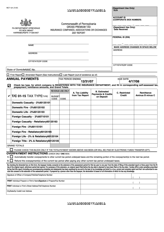 Form Rct-121 - Gross Premium Tax - 2007 Printable pdf