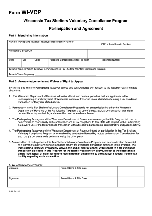 Form Wi-Vcp - Wisconsin Tax Shelters Voluntary Compliance Program Participation And Agreement Printable pdf