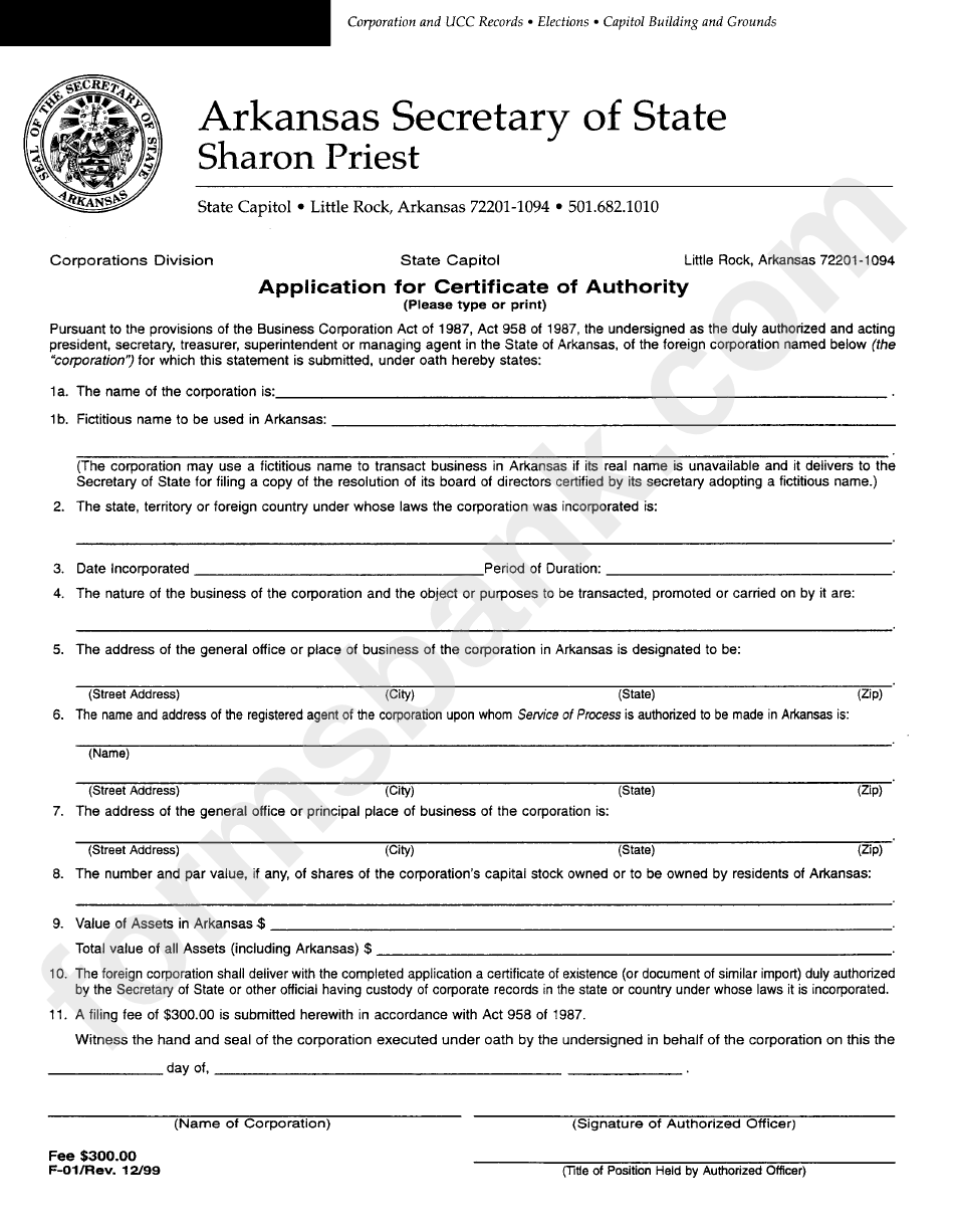 Form F 01 Application For Certificate Of Authority Arkansas