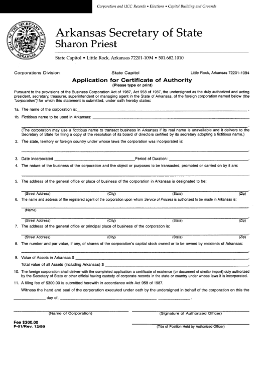 Form F-01 - Application For Certificate Of Authority - Arkansas Secretary Of State - Sharon Priest Printable pdf