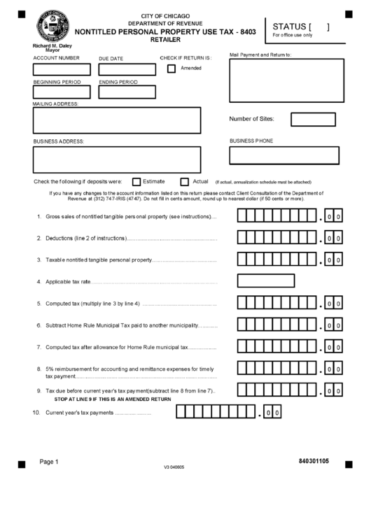 Form 8403 - Nontitled Personal Property Use Tax Retailer - City Of Chicago Department Of Revenue Printable pdf