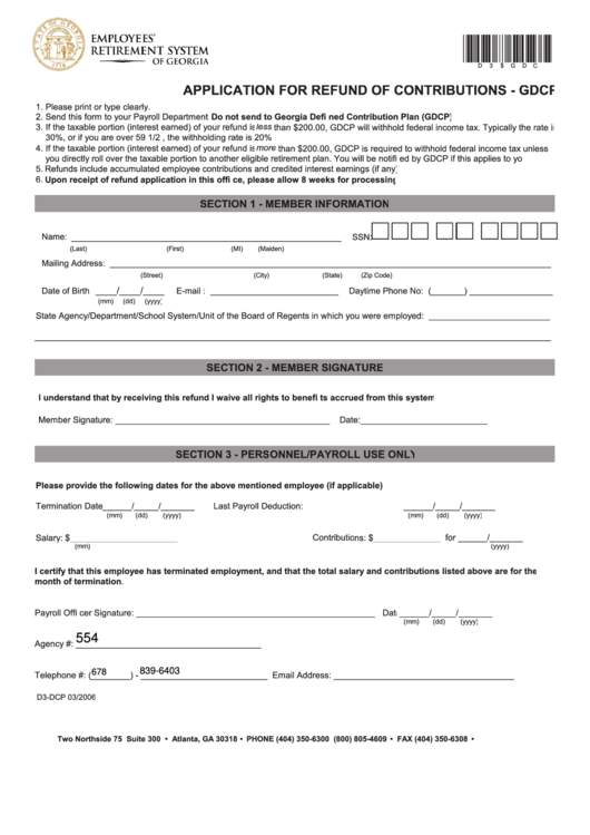 Fillable Form D3-Dcp - Application For Refund Of Contributions - Gdcp Printable pdf