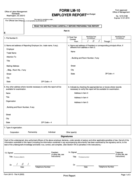 Fillable Form Lm-10 - Employer Report Form - U.s. Department Of Labor Printable pdf