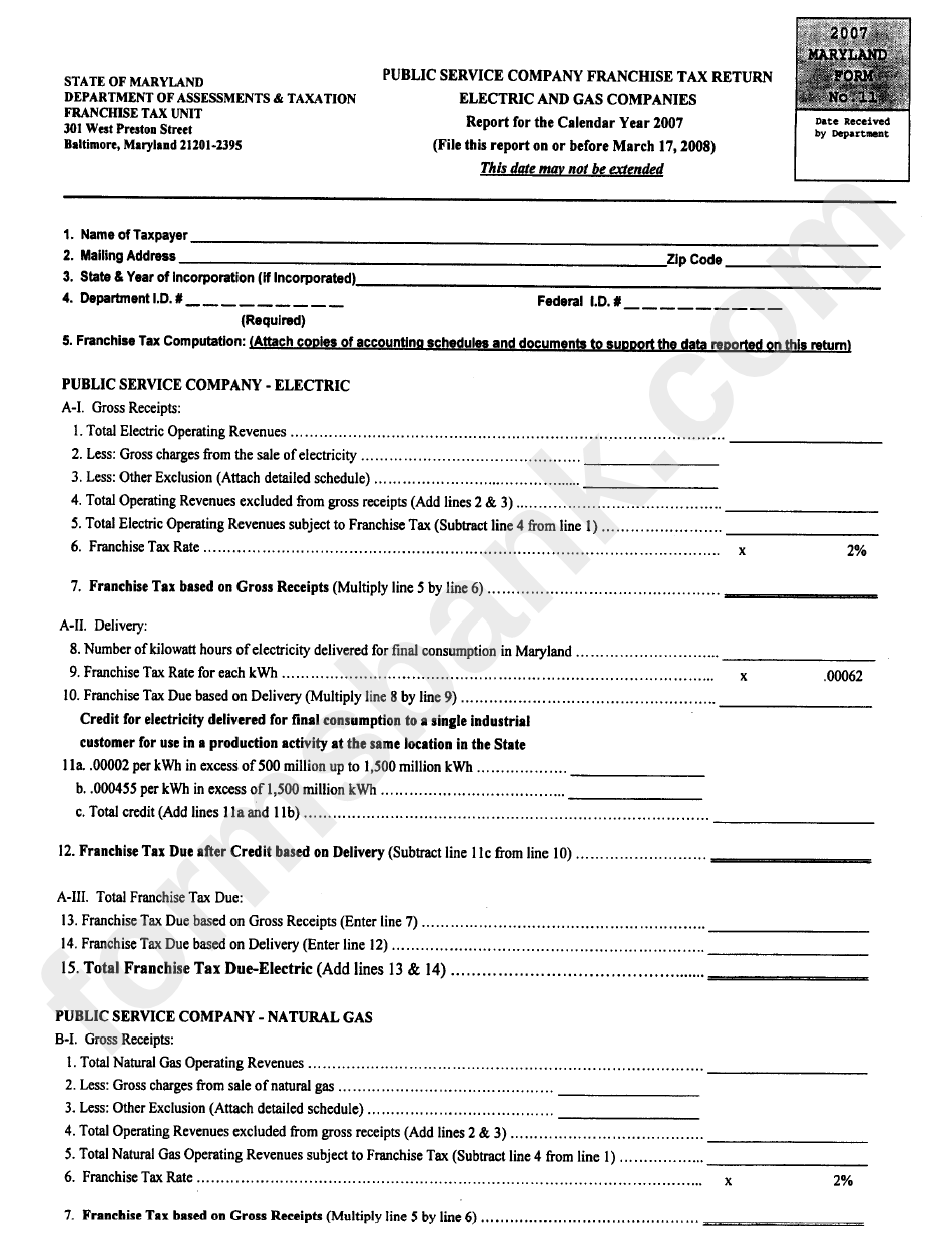 Form 11 - Public Service Company Franchise Tax Return Electric And Gas Companis