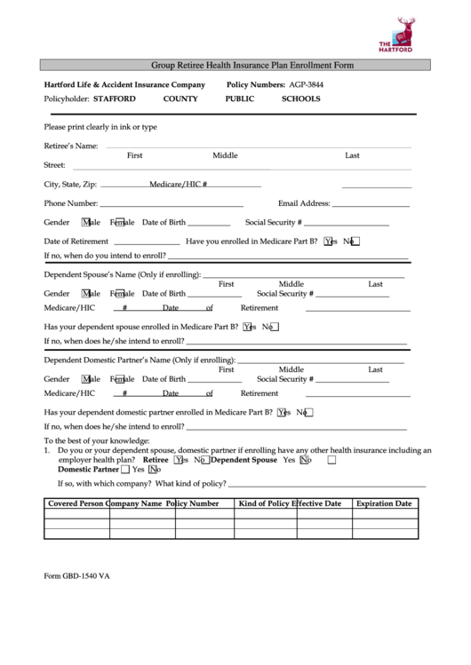 Form Gbd-1540 Va - Group Retiree Health Insurance Plan Enrollment Form Printable pdf