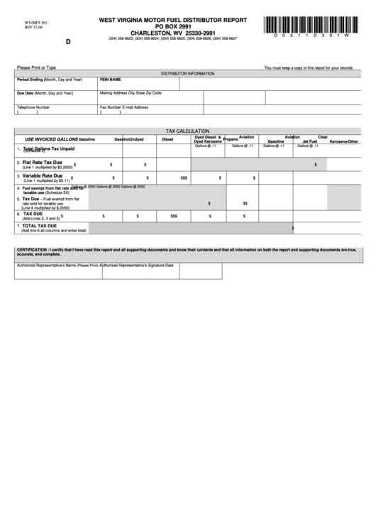 Form Vmft-501 - Distributor Report Po Box 2991 Charleston, Wv 25330-2991 - West Virginia Motor Fuel Printable pdf