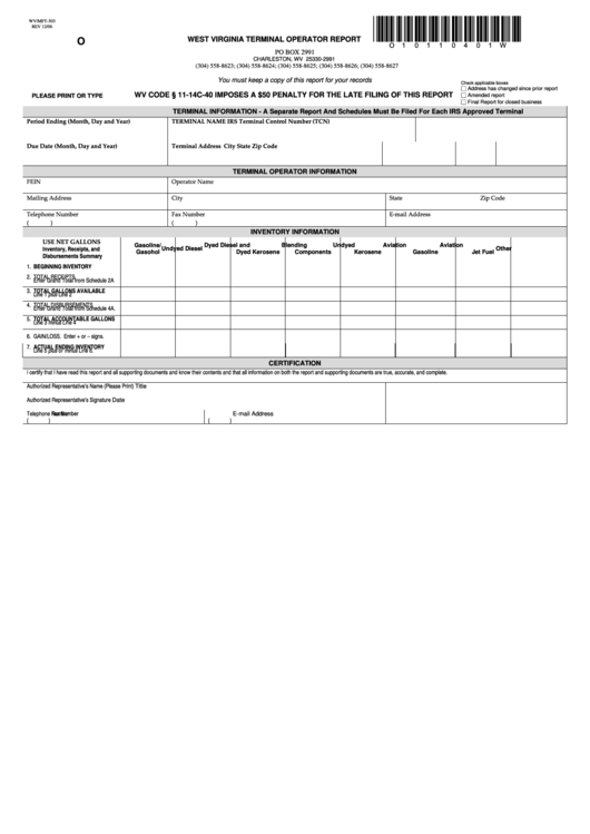 Form Wv/mft-503 - West Virginia Terminal Operator Report Printable pdf