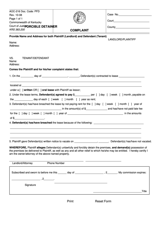 Fillable Form Aoc-216 - Forcible Detainer Complaint Printable pdf