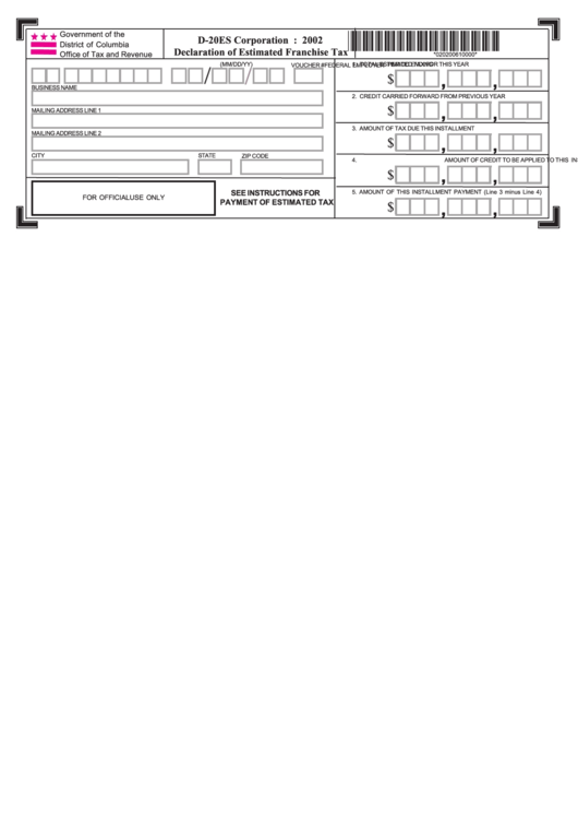 Form D-20es - Declaration Of Estimated Franchise Tax - 2002 Printable pdf