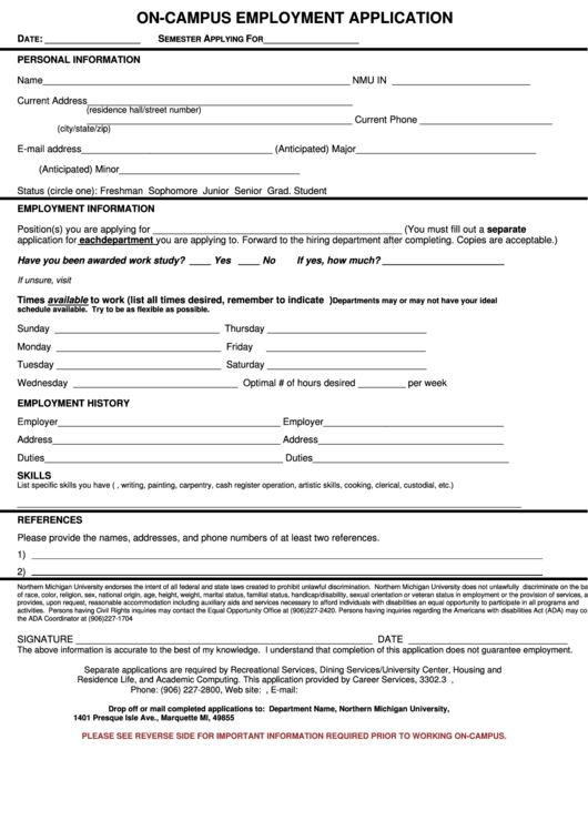 On-Campus Employment Application Form Printable pdf