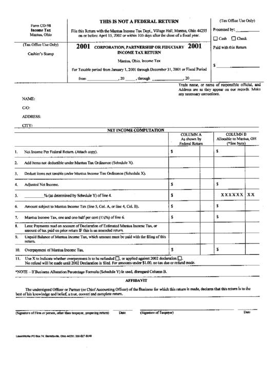 Form Co-98 - Corporation, Partnership Of Fiduciary Income Tax Return 2001 - Mantua Income Tax Dept. Printable pdf