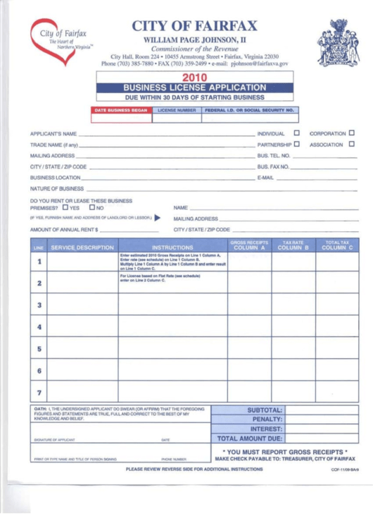 Form Cof-11/09-Bar9 - Business License Application - City Of Fairfax Printable pdf