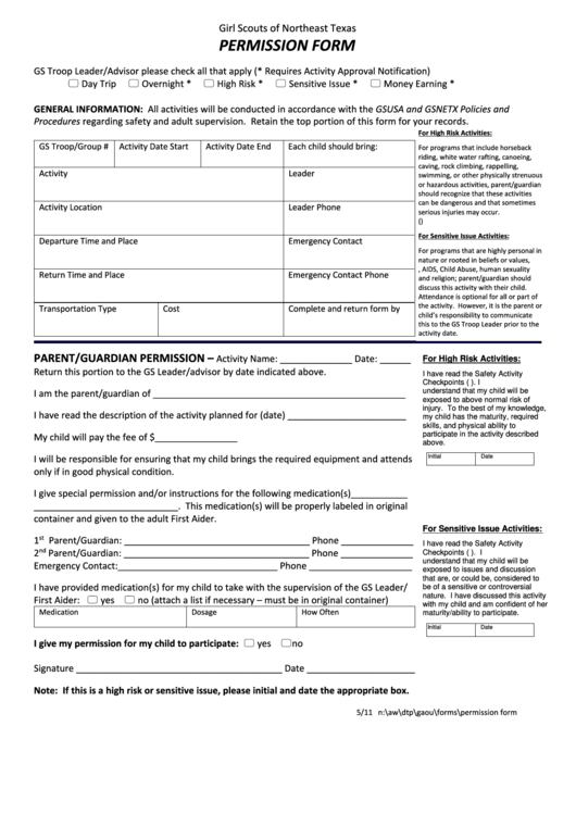 Permission Form - Girl Scouts Of Northeast Texas Printable pdf