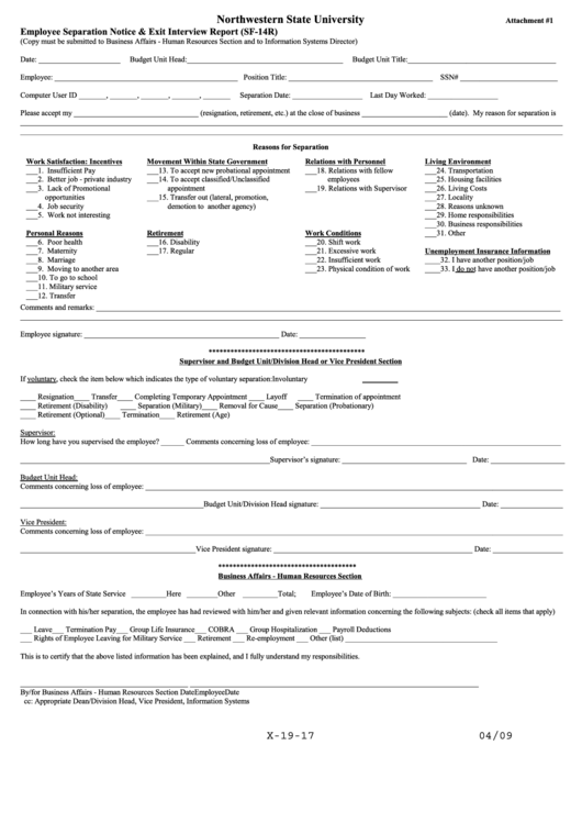 Form Sf-14r - Employee Separation Notice Form - Northwestern State University Printable pdf