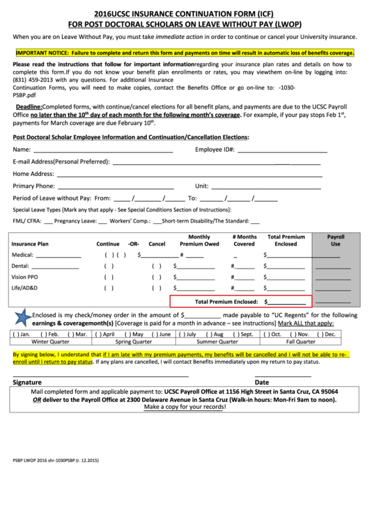 Fillable Insurance Continuation Form - For Post Doctoral Scholars On Leave Without Pay Printable pdf