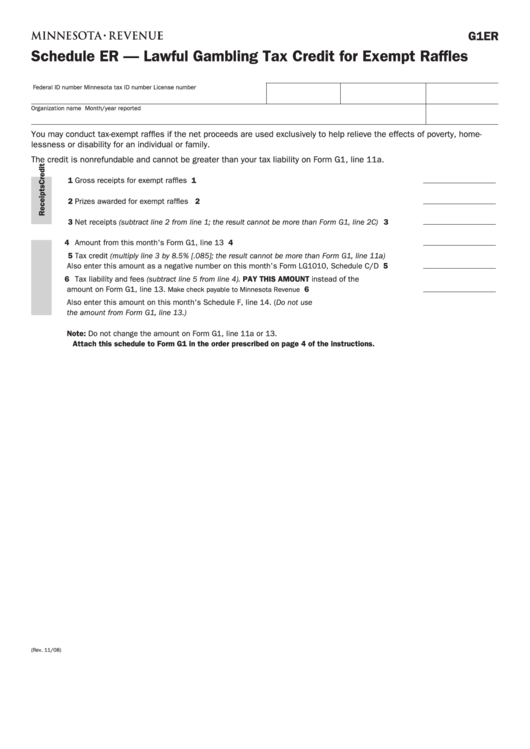 Fillable Form G1er- Schedule Er - Lawful Gambling Tax Credit For Exempt Raffles Printable pdf
