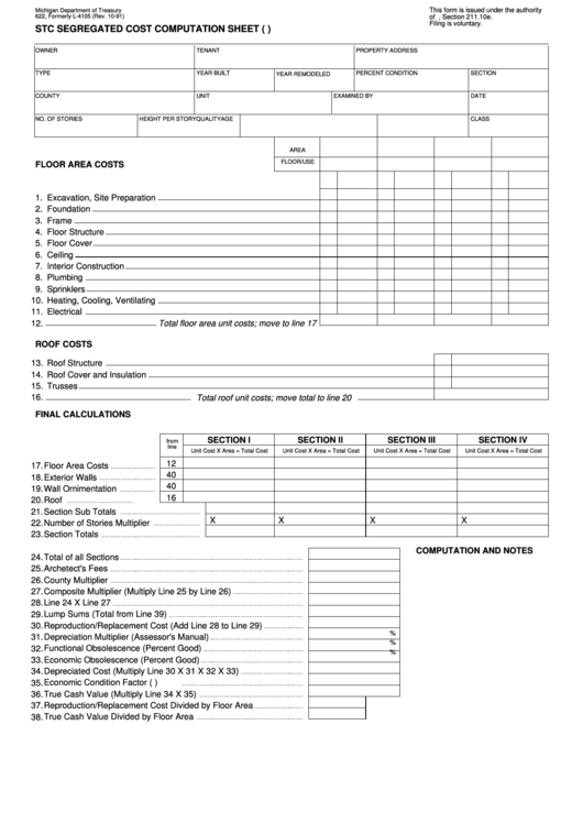 Fillable Form L-4105 - Stc Segregated Cost Computation Sheet (S.f. Costs) - Michigan Department Of Treasury Printable pdf