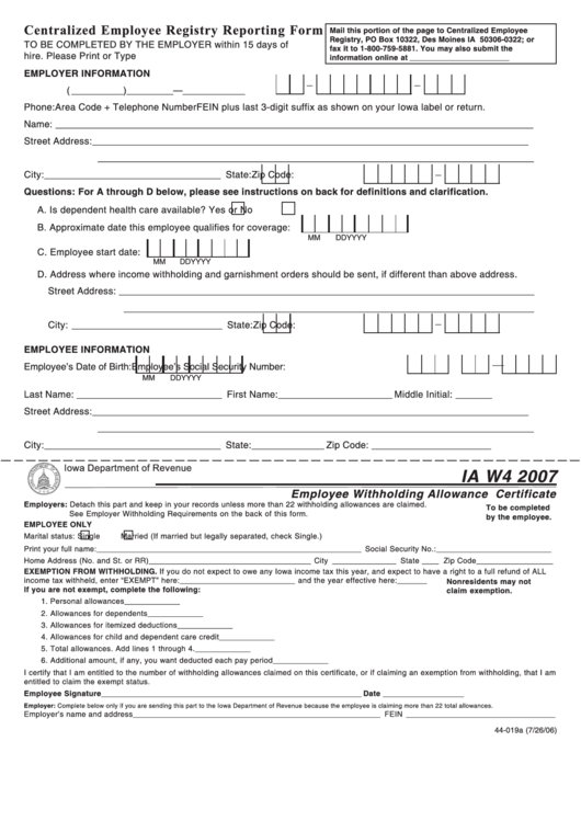 Fillable Form Ia W4 - Employee Withholding Allowance Certificate - 2007 Printable pdf