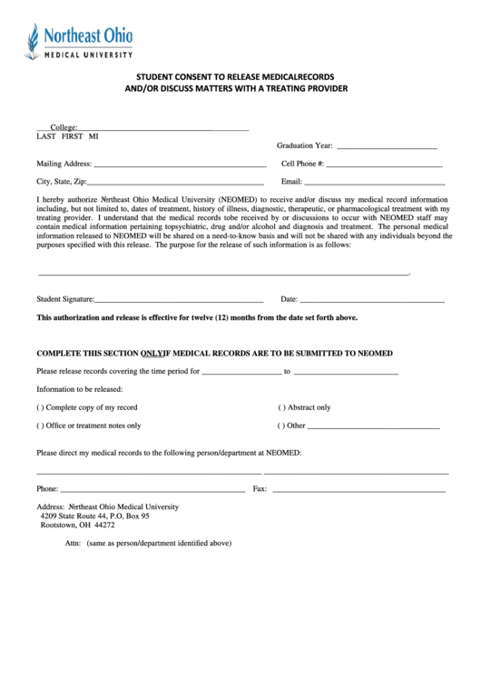 Fillable Consent Form - Release Or Discuss Medical Records printable ...
