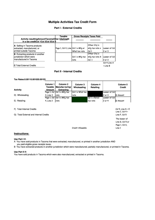 Multiple Activities Tax Credit Form Printable pdf