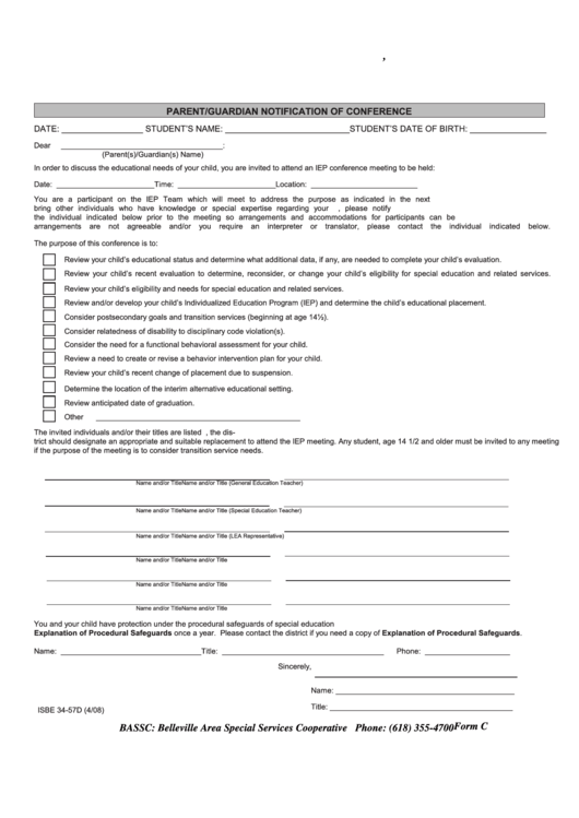 Form Isbe 34-57d - Parent/guardian Notification Of Conference - Illinois State Board Of Education - 2008 Printable pdf