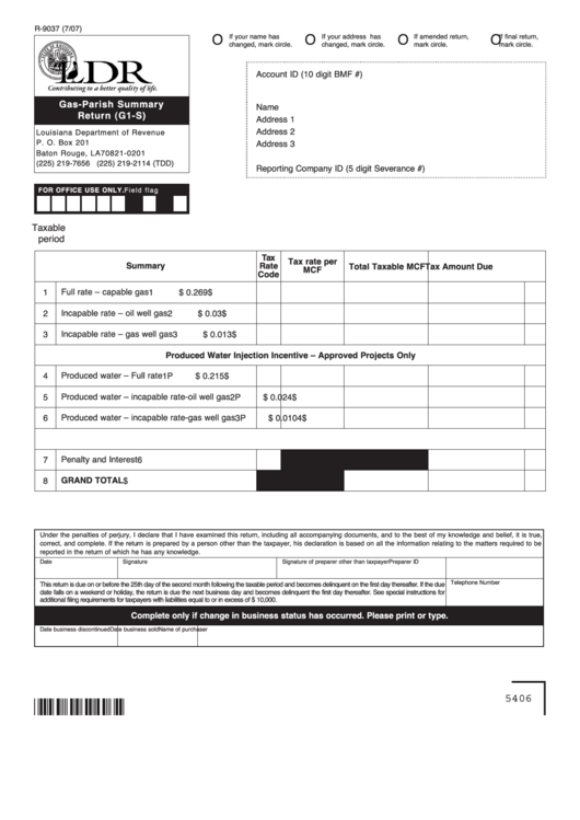 Fillable Form R-9037 (7/07) - Gas -Parish Summary Return Printable pdf